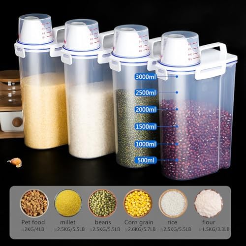 2 Pcs 5.5 LB Rice Storage Container, Airtight Cereal Flour Dispenser with Pouring Spout & Measuring Cup, Kitchen Plastic Clear Dry Food Storage Bin for Grain Oatmeal Snacks Pet Dog Food - Image 2