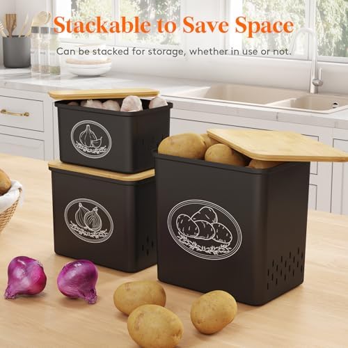 Lifewit Plastic Potato and Onion Storage Bin Box, Set of 3, Black - Image 5