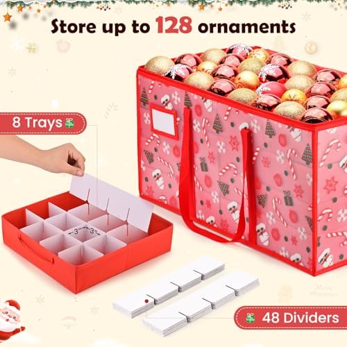 Plastic Christmas Ornament Storage Box with Adjustable Dividers, Waterproof Christmas Storage Containers Keep 128 Capacity, Dual Zippers, Ornament Organizer to Store Holiday Decor-Gloves - Image 2