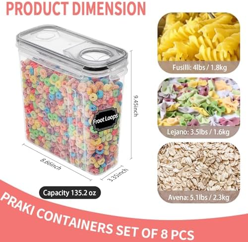 PRAKI Cereal Containers Storage Set (4L,135.2 Oz), 8PCS Airtight Food Storage Containers with Lids for Kitchen & Pantry Organizers and Storage, Cereal Dispensers with 20 labels, Measuring Cup & Marker - Image 2