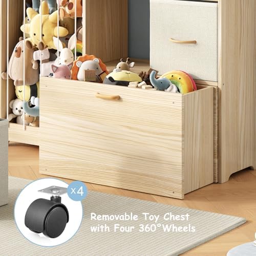 EXPERLAM Toy Storage Organizer with Stuffed Animal Holder, Solid Wood Kids Toy Shelf with 2 Drawers, Rolling Toy Chest and Top Rack, Plush Toy Storage for Bedroom, Playroom, Nursery - Image 3