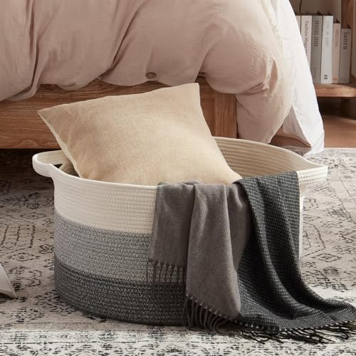 OIAHOMY 105L Extra Large Blanket Basket - Decorative Cotton Rope Storage Basket for Bedroom, Living Room & Nursery - Woven Laundry Hamper for Organizing Blankets, Clothes & Toys - Gradient Grey - Image 2