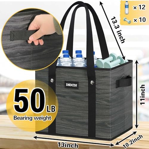 Reusable Grocery Bags - Heavy Duty Reusable Shopping Bags with Hard Bottom & Long Handles, Foldable Large Utility Tote Bag with Box Shape to Stand Up - for Kitchen, Picnic, 3 Pack, Grey - Image 4