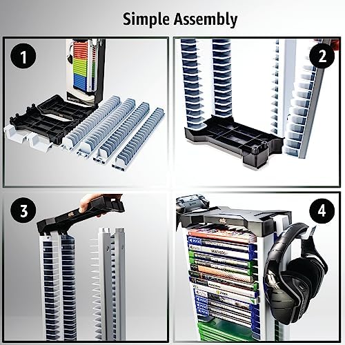 ADZ Universal Game Holder – 46 Game Storage Tower Rack for PS2 PS3 PS4 PS5 PSP Xbox 360 Xbox One Series X Wii Switch Games DVD and Blu-Ray Disks. Includes 2 Controller Mounts (White) - Image 4