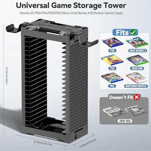 Video Game Storage Tower Holder with Controller Stand, Wall Mount Game Organizers and Storage for Nintendo Switch 2/ PS5/4/ XboxOne/Series, Vertical & Horizontal Stand for 20 Gaming Discs Accessories - Image 2