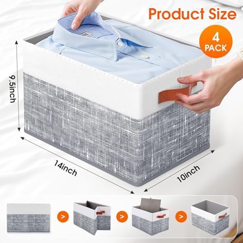 Fab totes Collapsible Storage Baskets for Shelves,14"x10", 4 Pack Foldable Fabric Storage Bins with Double Leather Handles, Large Baskets for Organizing Books, Clothes, White & Grey - Image 2