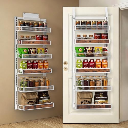 6 Tier Pantry Door Organizer Spice Rack, 2-IN-1 Wall Mount or Hanging Over Door Seasoning Organizer with Adjustable Baskets, Heavy Duty Behind Door Storage Shelves for Pantry, Cabinet and Kitchen by Clothink