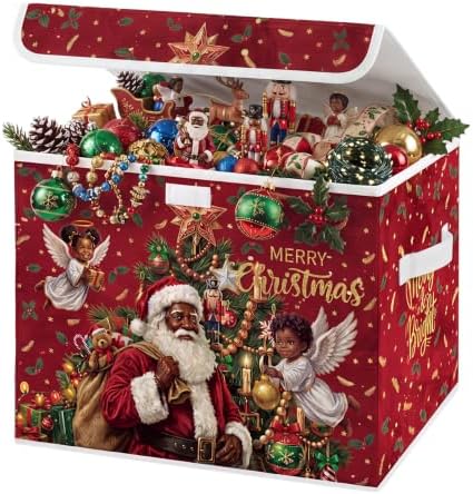 Briwooody Black Christmas Santa Claus Storage Bin with Lid and Carrying Handle African American Christmas Storage Box Large Xmas Decorative Collapsible Container Basket for Organizing Closet Home Gift by Briwooody