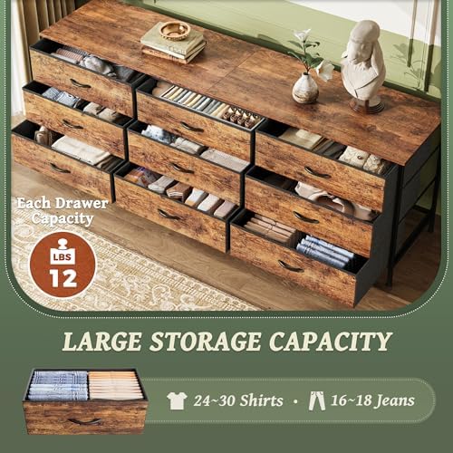 Huuger 63 Inch Dresser for Bedroom, Dresser for Closet with 9 Fabric Drawers, Large TV Stand for 55, 65, 70 Inch TV, Entertainment Center with Storage, Wide Long Chest of Drawers, Rustic Brown - Image 4