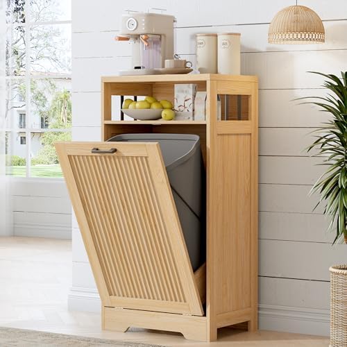 13 Gallon Tilt Out Trash Can Cabinet with Open Shelf & Storage - Pet Proof Hidden Recycling Cabinet & Wooden Laundry Hamper for Kitchen, Bathroom, Living Room,Natural Wood by JMHDYG