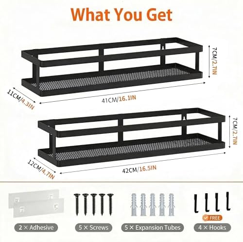 PUSDON 2-Pack 16.5" Extra Long Slim Shower Caddy, Adhesive Wall Mount Bathroom Organizer, Rustproof Open Frame Mesh Spice Rack for Kitchen, Holds 50LBS - Matte Black, Guardrail - Image 3