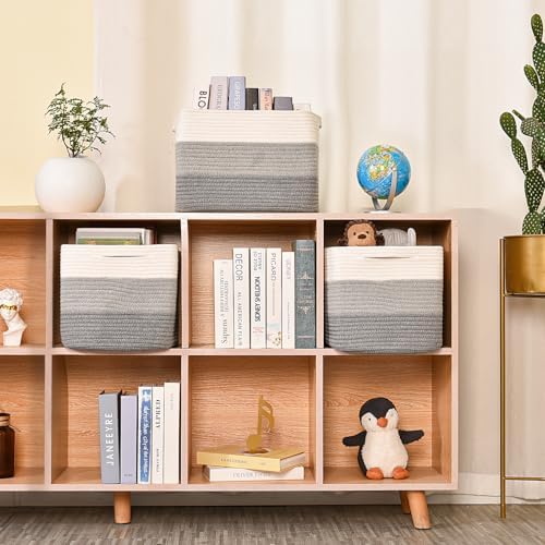 ICERZCZ Storage Baskets for Organizing Shelves, Woven Cotton Rope Baskets for Storage Books Towels Toys, Organizing Baskets, Toy Basket for Nursery Bathroom, 15"x11"x9.5", 3 Packs, Gradient Grey - Image 4