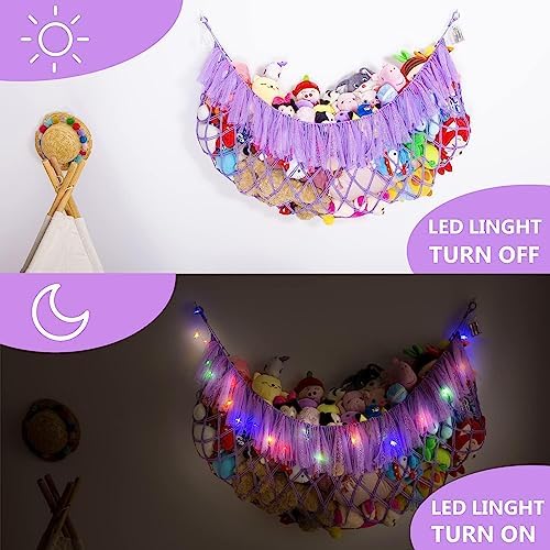 Large Stuffed Animal Net or Hammock with Led and Mesh Ribbon Wall Hanging Toy Net for Stuffed Animals Creative Stuff Animal Storage Ideas Macrame Toy Hammock Stuffed Animal Hammock-Purple - Image 3