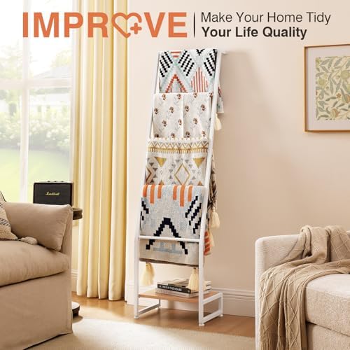 DGWJSU Blanket Ladder, 5 Tier Ladder Shelf,Wooden Blanket Ladders for Living Room and Bedroom, 5.2ft Blanket Holder Rack Farmhouse Ladder Rack for Storage and Home Decor (White) - Image 6