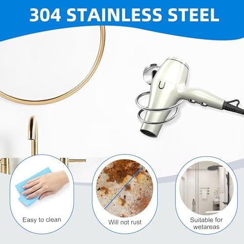 Bathroom Hair Dryer Holder Hair Care Tools Holder Wall Mount Chrome Finished Stainless Steel-Silver - Image 4