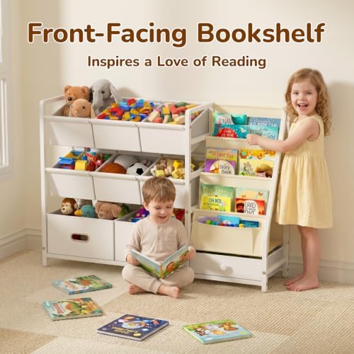 Kids Toy Storage Organizer, Kids Bookshelf and Toy Storage with 9 Bins, Montessori Toddler Bookshelf, Playroom Storage Organization, Baby Book Shelf for Kids Rooms, Nursery, White - Image 3