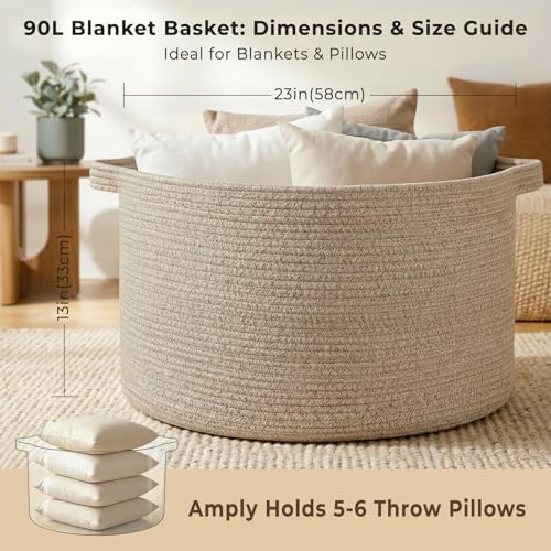 OIAHOMY 90L Extra Large Blanket Basket - Decorative Cotton Rope Storage Basket for Bedroom, Living Room & Nursery - Woven Laundry Hamper for Organizing Blankets, Clothes & Toys - Brown - Image 2