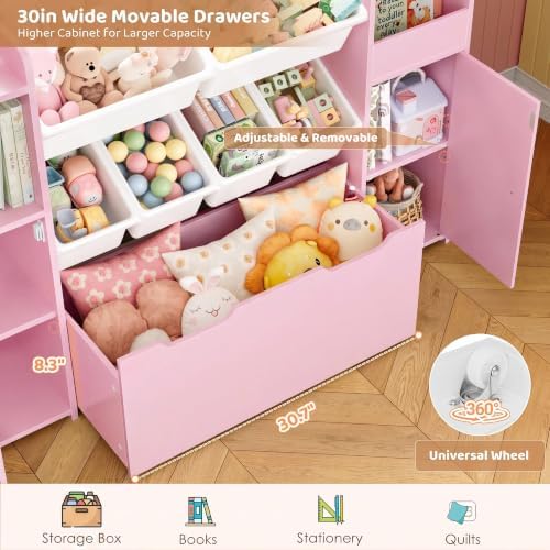 2 Pcs 55''W Storage Cabinet with Large Chest, Montessori Bookshelf, Pink - Image 2