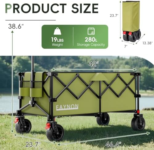 46" L Collapsible Foldable Extended Wagon, 500LB Weight Capacity with 280L Heavy Duty Folding Cart,Utility Wagon with All-Terrain Beach Wheel & Drink Holders,Green - Image 2