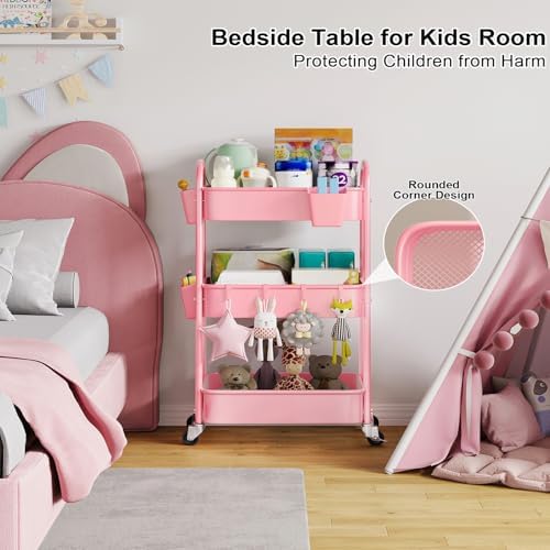 3 Tier Rolling Storage Cart Metal with Wheels,Pink Three Tiered Craft Carts - Image 2