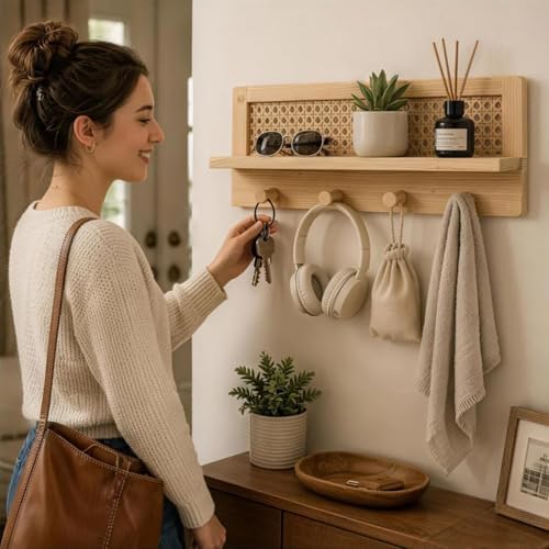 Rattan Wall Shelf with 4 Hooks, Entryway Key Holder & Coat Rack Wall Mount - Image 2