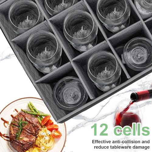 Wine Glass Sorage Box, Stemware Storage Cases with dividers, Hard Shell China Storage Containers 12 Cells for long stem, Stackable Crystal Glassware Storage with Label Window, Handles (Dark Grey) - Image 2