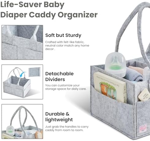 Upgraded Baby Diaper Caddy Organizer, Portable Nursery Storage Bin with Handle, Side Pockets Car Organizer for Diapers and Baby Wipes Essentials, Registry Gift Baskets (Small-Grey) - Image 2