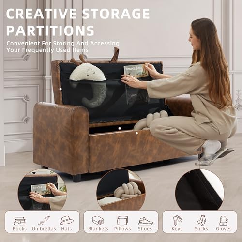 48" Ottoman with Storage, Tufted Storage Ottoman Bench, Convenient Living Room Fabrics Bench Seat, Entryway Shoe Benches with Inner Zipper & Arm, Rivetless Upholstered Window Seat Ottomans, Brown - Image 4