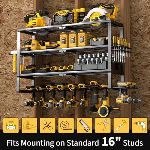YYR Large Power Tool Organizer Wall Mount, Heavy Duty Metal Cordless Drill Storage Rack with Battery Charging Station Shelf, Utility Racks for Garage Organization, 4 Layer 10 Drills Holder Extra Tall - Image 7
