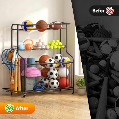 Sports Equipment Organizer Heavy Duty Rolling Garage Storage Rack - Image 4