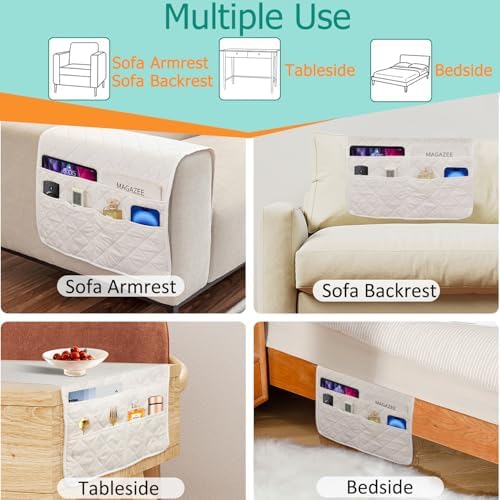 Armchair Caddy Remote Control Holder Sofa Organizer, Non-Slip Couch Arm Chair Caddy with 6 Pockets for Tablets,Smart Phone,Books,Pens,Magazines,Ipad (Off-White) - Image 7