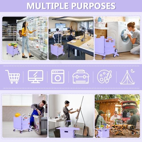 Foldable Utility Cart with Stair Climbing Wheels,Collapsible Rolling Crate with Magnetic Lid Telescopic Cover,Telescoping Handle,360° Rotate Wheel Hand Cart for teacher Shopping Moving Grocery(Purple) - Image 5