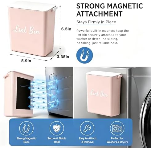 Magnetic Lint Bin with Lid for Laundry Room, Compact Plastic Dryer Lint Holder, Small Laundry Trash Container for Dryer Lint & Used Dryer Sheets, Space Saving Storage Decor Organizer (Pink) - Image 2
