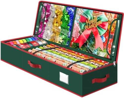 BlessedSeason Wrapping Paper Storage Organizer for 40 Inch Christmas Gifts Wrapping Paper, 2 Visible Supplies Pockets for Holiday Accessories, Christmas Decoration Storage Containers, Green by Unknown