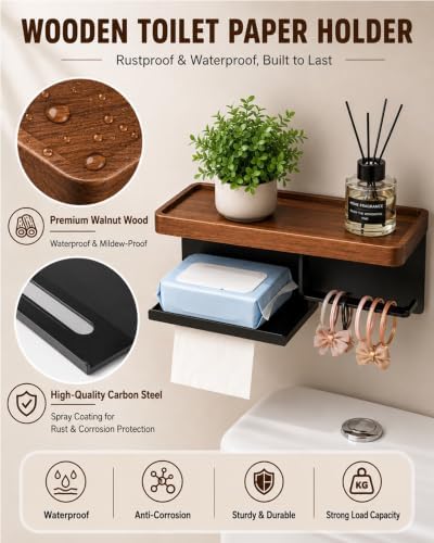 Toilet Paper Holder with Shelf, Wall Mount Walnut & Stainless Steel - Image 3