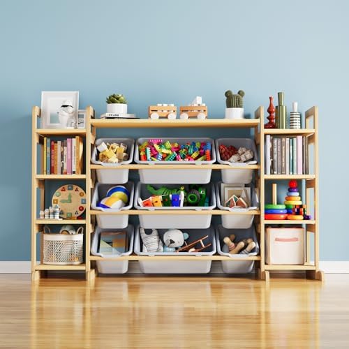 SpaceAid Large Toy Storage Organizer 9 Shelves 9 Bins, Toy Organizers Storage Bookshelf, Kids Bin Shelf Toys Box Bookcase for Bedroom Playroom Organization Room Decor, Neutral Gray by SpaceAid