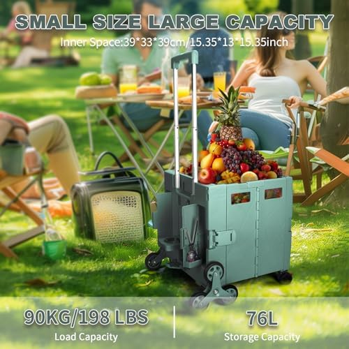 76L Folding Utility Cart Portable Rolling Crate Handcart Shopping Collapsible Tool Box with Stair Climbing Wheels,Hidden Lid,2 Rotate Wheels,for Grocery,Shopping,Office,Storage(Dark Green) - Image 2