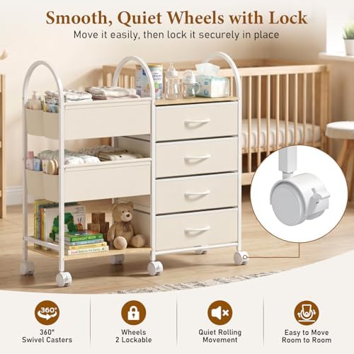 Baby Organizer and Storage Cart, 4-Tier Rolling Utility Cart with Wheels, Dividers and Drawers, Easy to Assemble for Nursery, Bedroom & Changing Table, White - Image 6