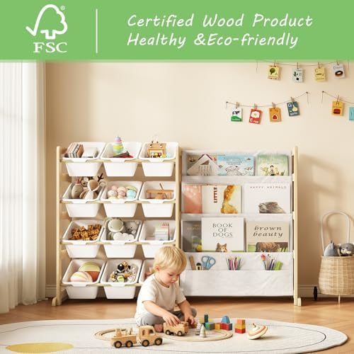 EXPERLAM Toy Storage Organizer with Bookshelf, Kids Toy Organizer and Storage Shelf with 12 White Bins, Solid Pine Wood Book Rack for Playroom, Nursery, Kids Room, Toys and Books - Image 2
