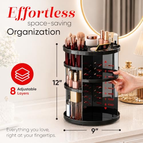 Masirs 360 Rotating Makeup Organizer Countertop, Adjustable Shelf, Black - Image 4