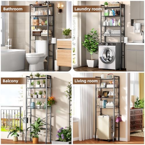 Over-The-Toilet Storage Rack 4-Tier,Bathroom Organizer Shelf Over Toilet,Adjustable Wooden Shelves and Basket,Freestanding Above Toilet Shelf,Space Saver for Rooms(Black Rack-Black Shelves) - Image 6