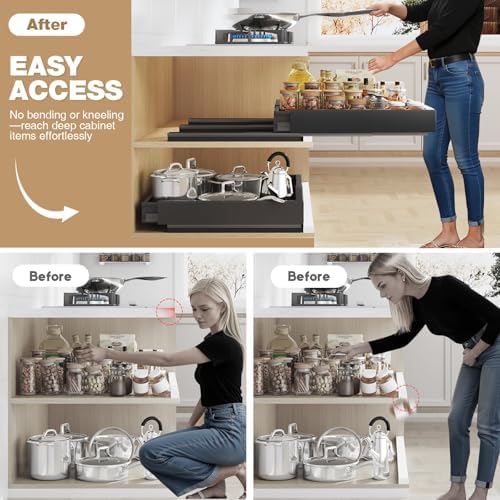 Seinloes Pull Out Cabinet Organizer, 4-Side Expandable to Fit Most Cabinets, 3 Rail Slide Out Drawers with Raising Pad for Framed & Frameless Cabinets, 13"-21" W x 17"-24" D, Black, 4 Pack - Image 5