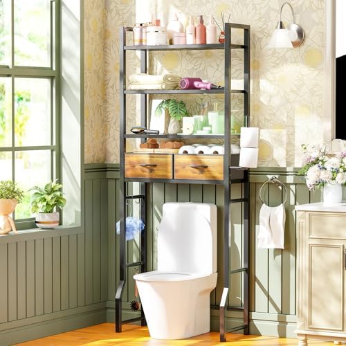 Simple Trending 4 Tier Over The Toilet Storage with Drawers, Heavy Duty Bathroom Stand Organizer Metal Shelves for Laundry, Black - Image 2