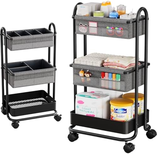 Modanais Baby Diaper Caddy Organizer Cart - 3 Tier Rolling Cart, Black by HomeOrganizersandStorage