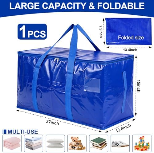 SenseYo Heavy Duty Packing Moving Bags Boxes Supports 200lbs Oversized Large Waterproof Clothes Storage Bags Totes with Zippers & Handle for College Supplies Home Organization Blue - Image 2