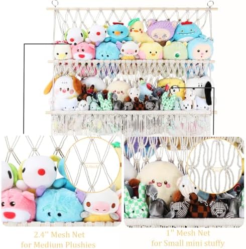 2 Tier Stuffed Animal Storage Shelf Net, 35x30'' Large Plushie Net Beige - Image 3