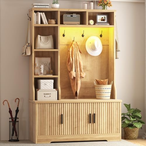 CSZZD Fluted Hall Tree with Bench and Shoe Storage and LED Lights by CSZZD
