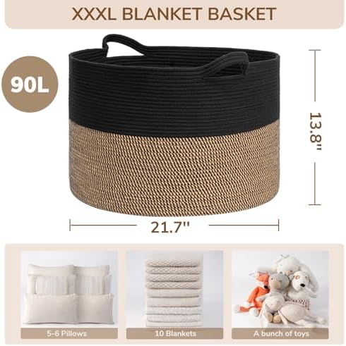 INDRESSME XXXLarge Woven Rope Blanket Basket Living Room Mix Black, 90L - Image 3