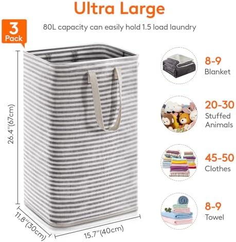 Lifewit 80L Large Laundry Baskets, Laundry Hampers Bags, 3 Pack, Black - Image 3
