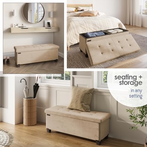 Storage Ottoman Bench with Bins, 43-in Storage Bench for Bedroom End of Bed, Folding Foot Rest Ottoman for Living Room Max 660lbs, Velvet Ottomans, Taupe - Image 4